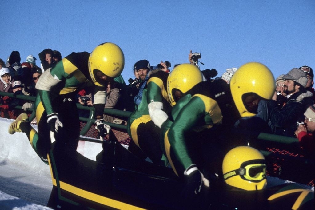 1988 Winter Olympics: Jamaica Dudley Stokes, Devon Harris, Michael White and Nelson Stokes (23) in action during four-man event at at Canada Olympic Park. Calgary, Canada 2/28/1988