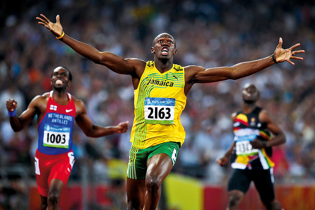 Usain Bolt of Jamaica reacts as he wins the Olympic mens 200m final in a new world record time in the Birds Nest stadium, Beijing on August 20th 2008 in Beijing, China