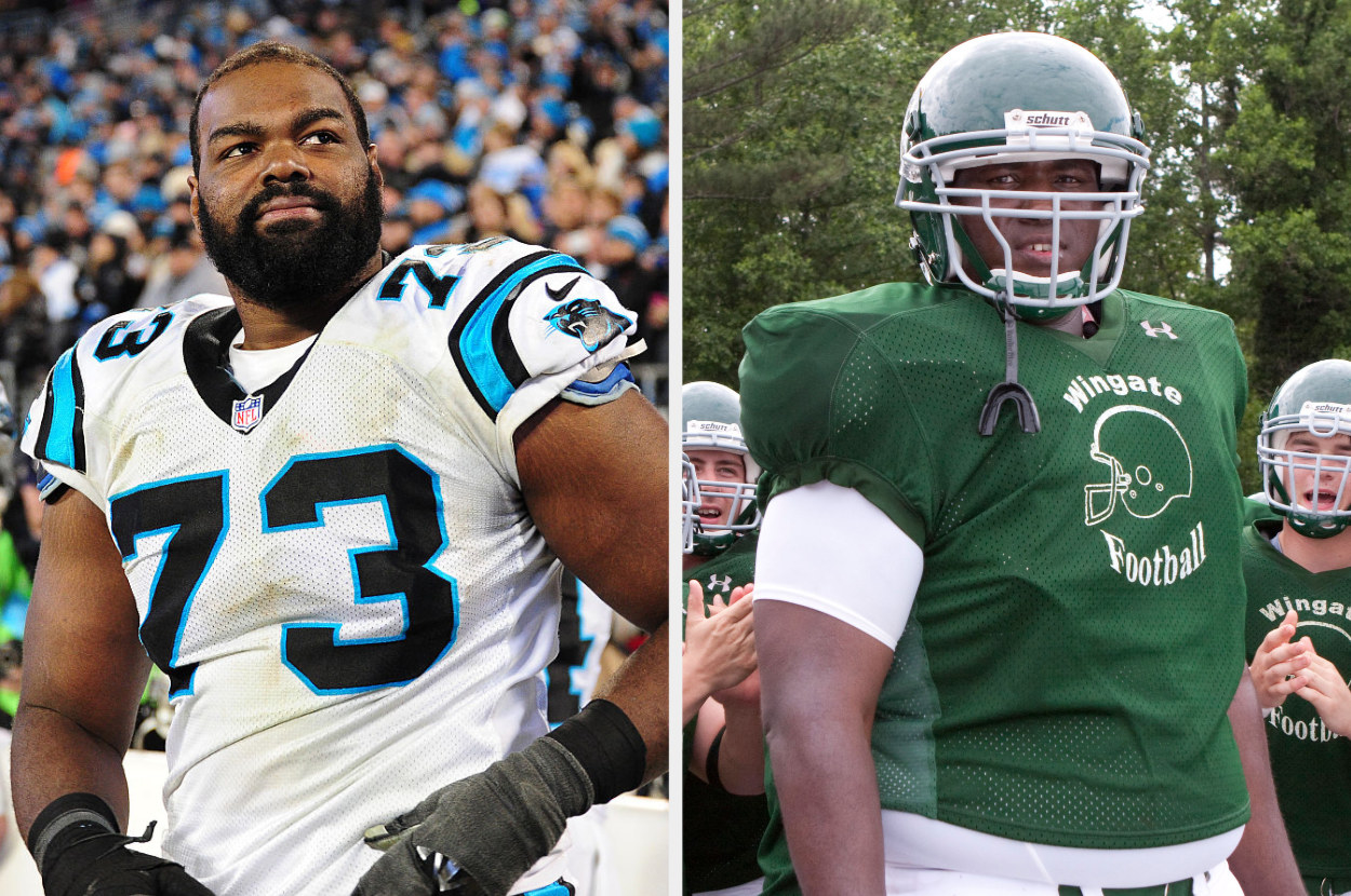 The real Michael Oher on the field, alongside the character played by Quinton Aaron