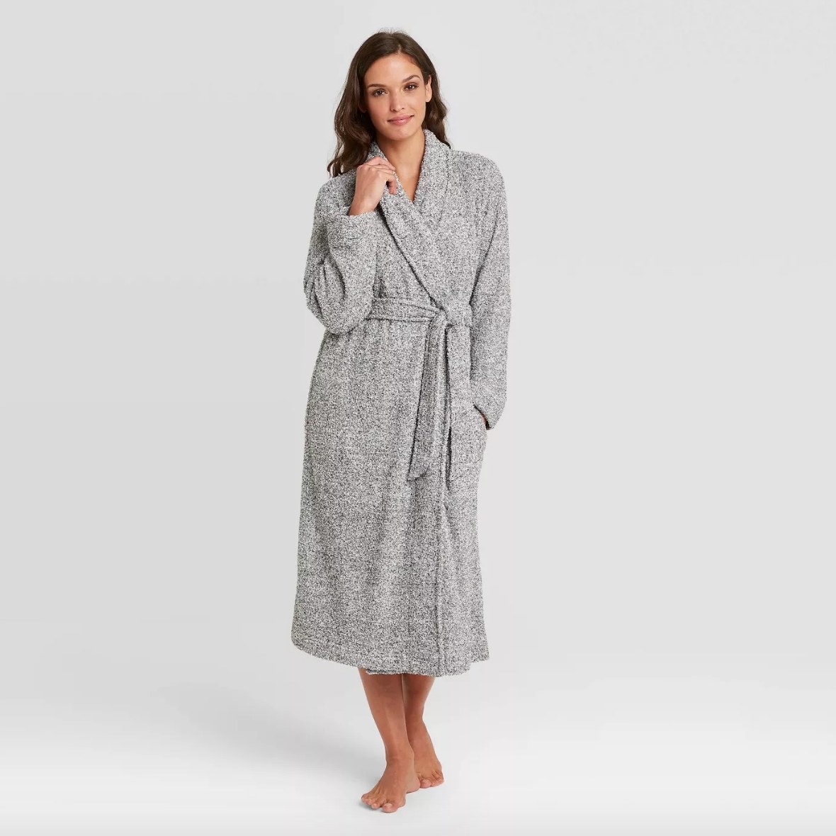 Model wearing long gray robe