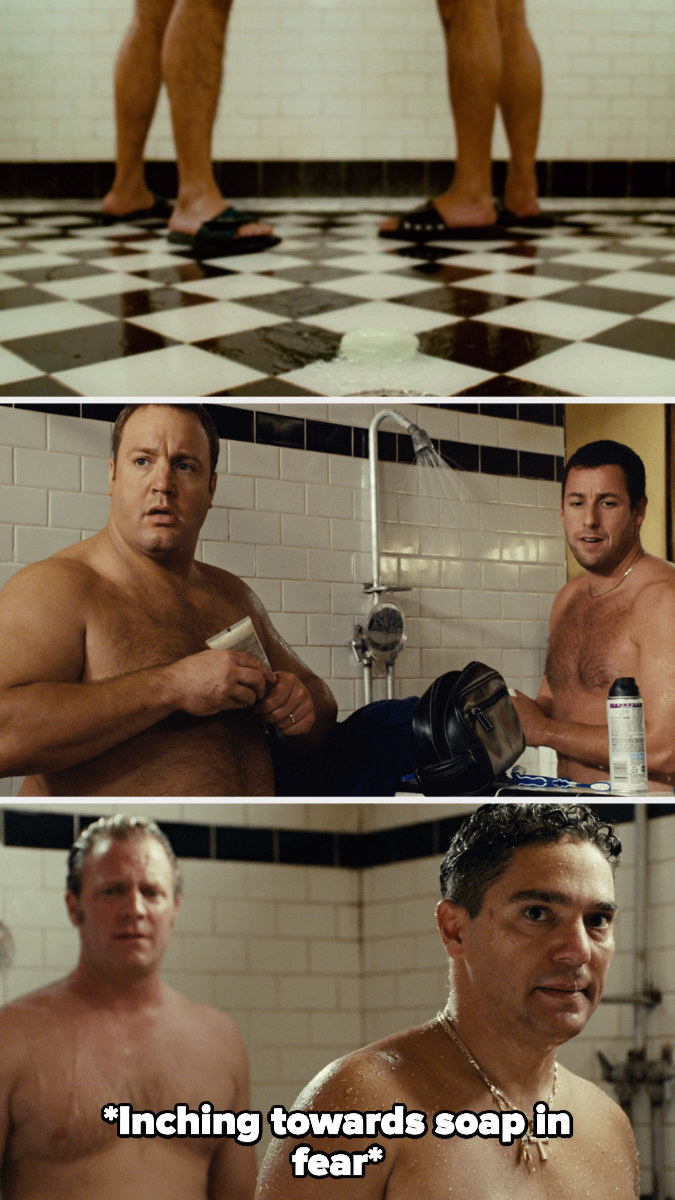 one of the firemen drops the soap in the showers and Chuck and Larry look, then the guy inches toward the soap looking at chuck and larry in fear