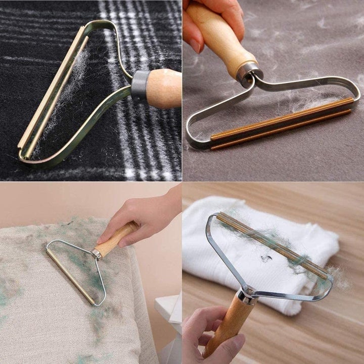 picture collage showing lint remover on different blankets and surfaces