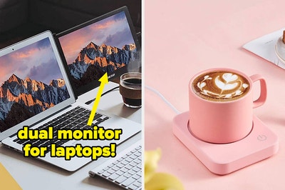 dual monitor and coffee warmer 