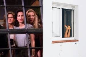 The Friends cast looking out a window, and someone hanging their feet out of a window