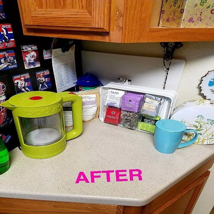 Same reviewer's after photo of the tea bags neatly arranged in the organizer, saving a lot of counterspace