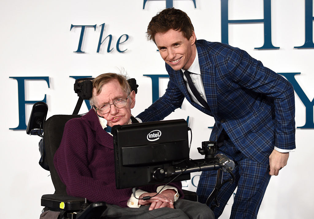 Stephen Hawking and Eddie Redmayne at the premiere of the movie