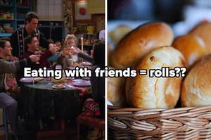 The characters from "Friends" cheers their glasses together and a basket of freshly baked bread rolls