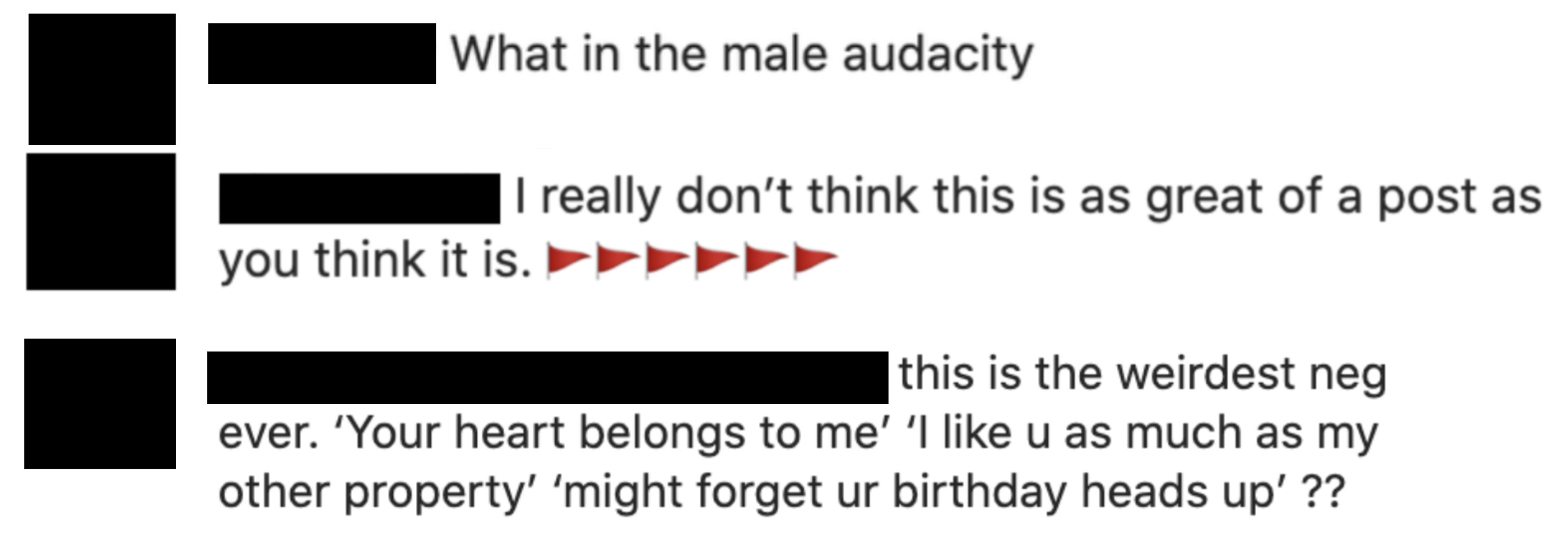 Someone commented &quot;what in the male audacity&quot; and another said &quot;i really don&#x27;t think this is as great of a post as you think it is [red flag emojis]