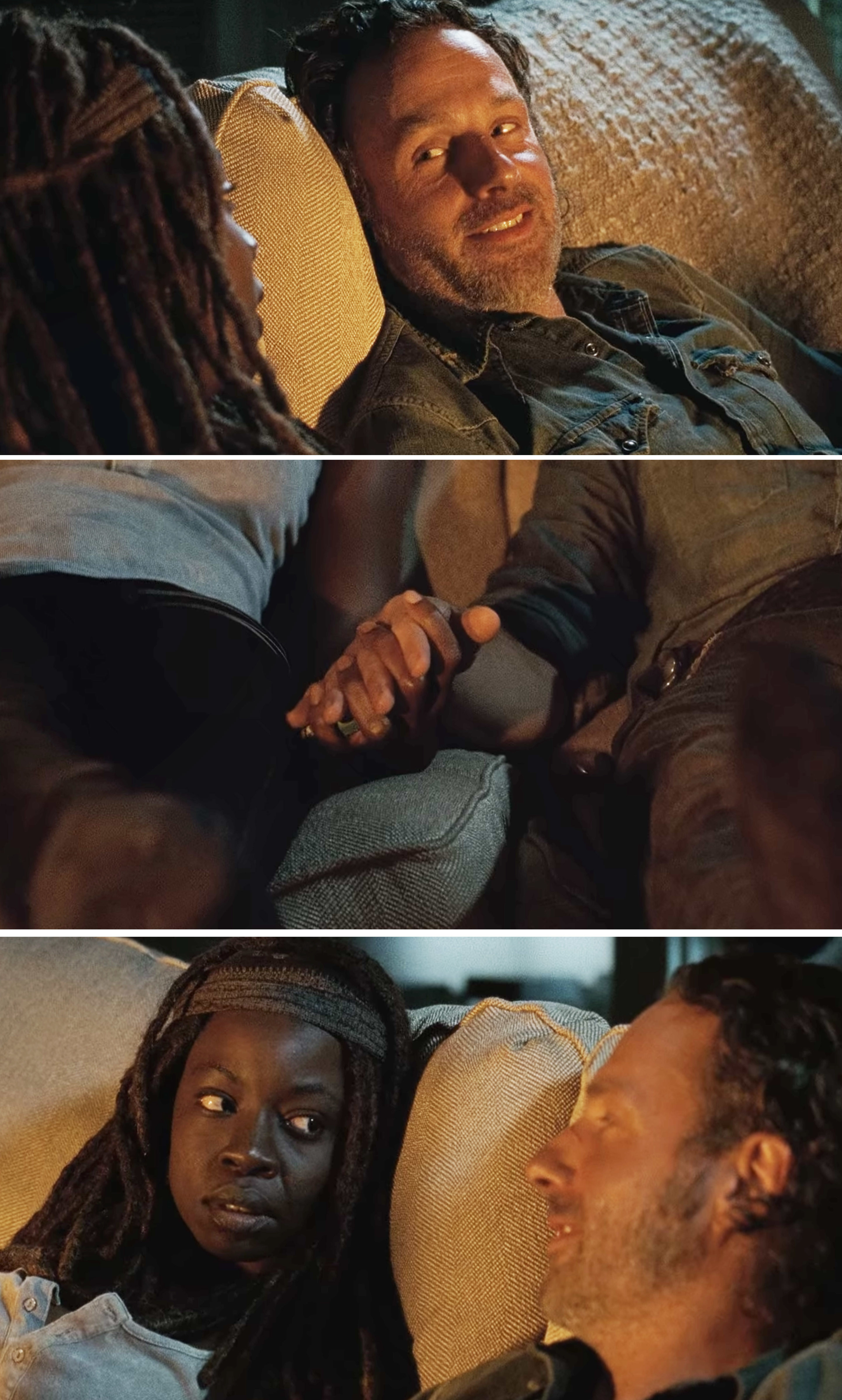 Michonne and Rick holding hands and looking at each other