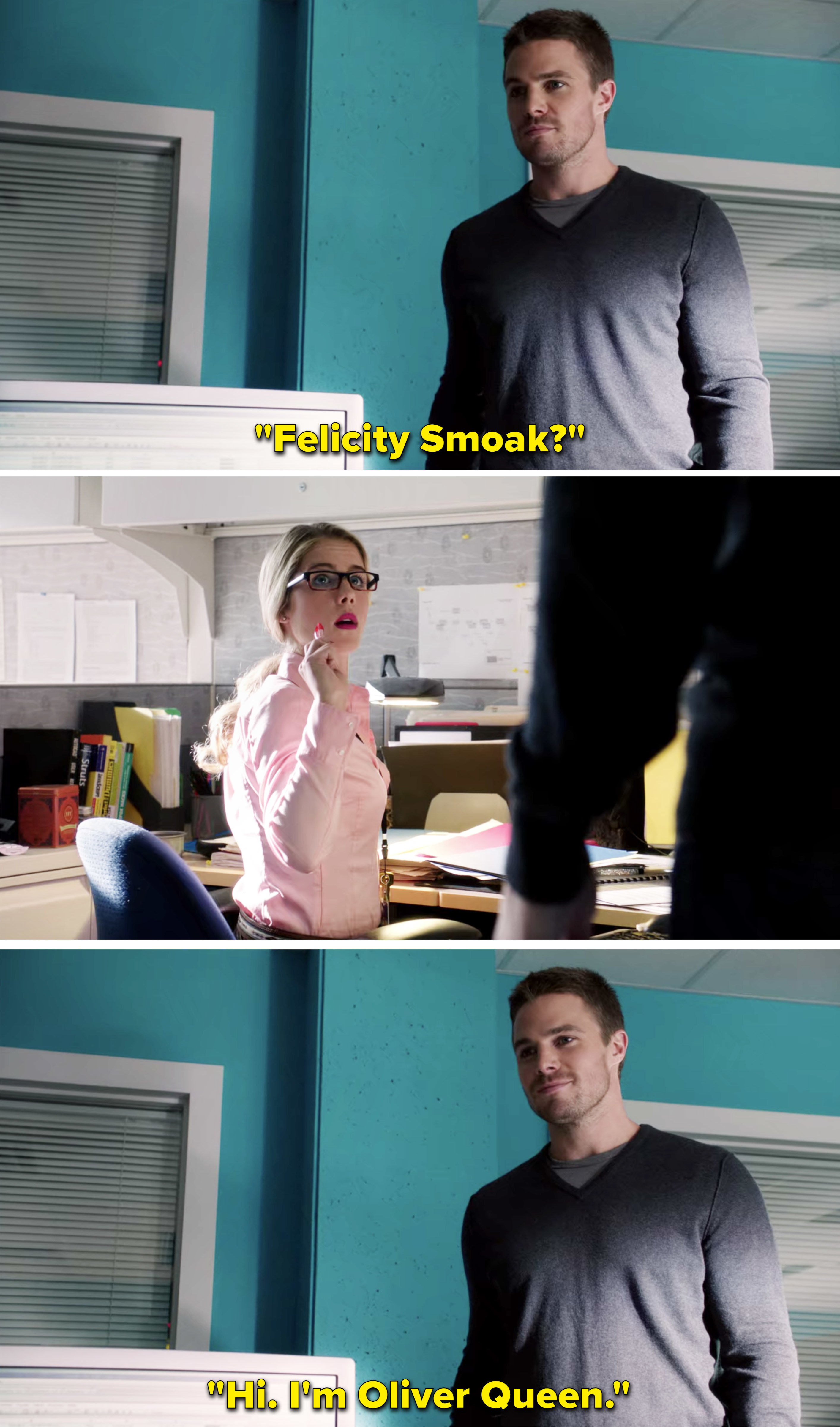 Oliver introducing himself to Felicity