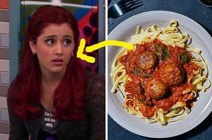 A close up of Cat Valentine from "Victorious" and an overhead shot of a plate of spaghetti and meatballs