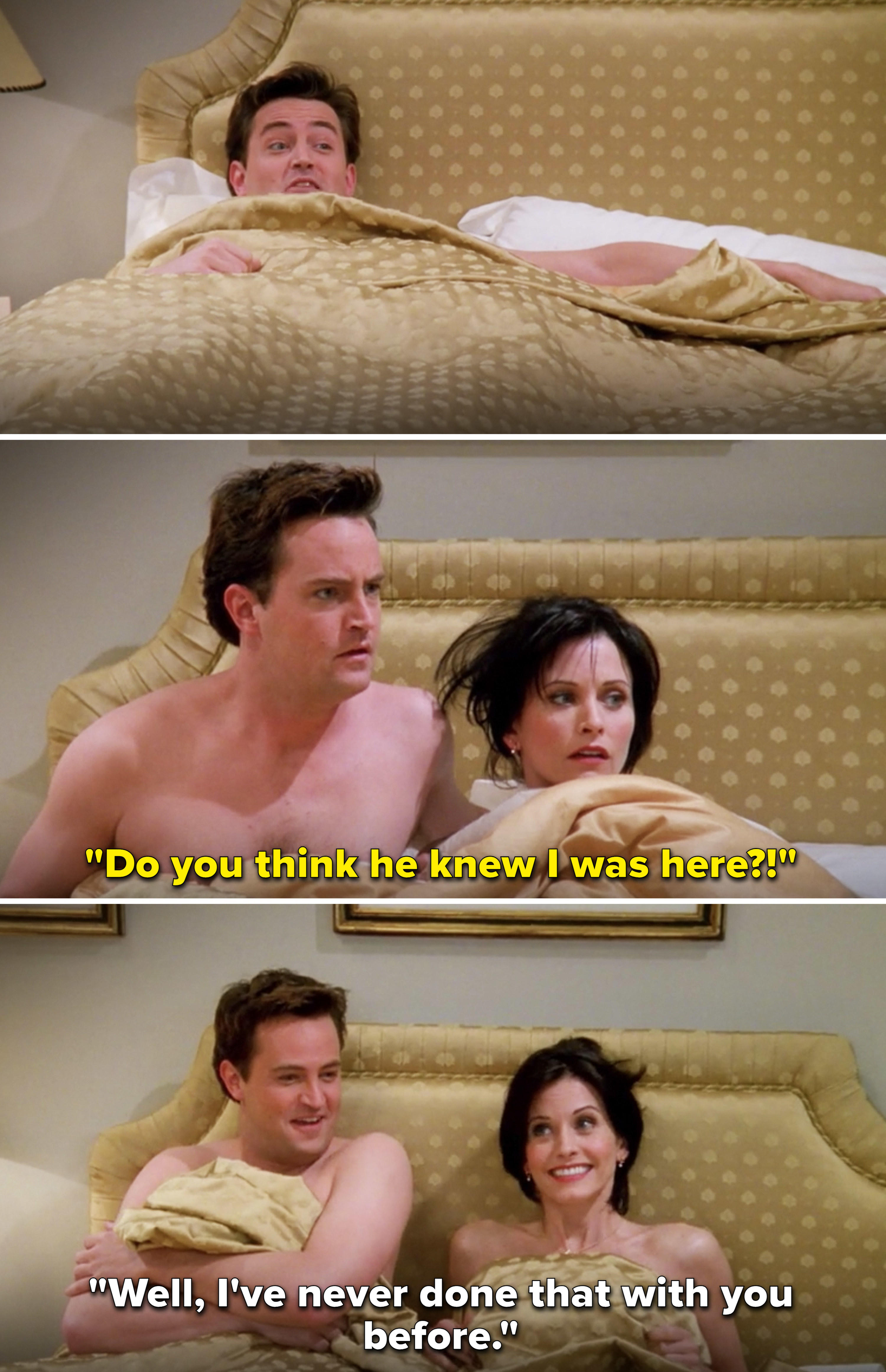 Chandler and Monica waking up in bed together