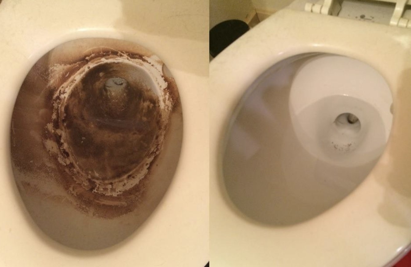 reviewer&#x27;s toilet on the left completely disgusting, and then same toilet on the right completely cleaned after using the Clorox cleaning wand