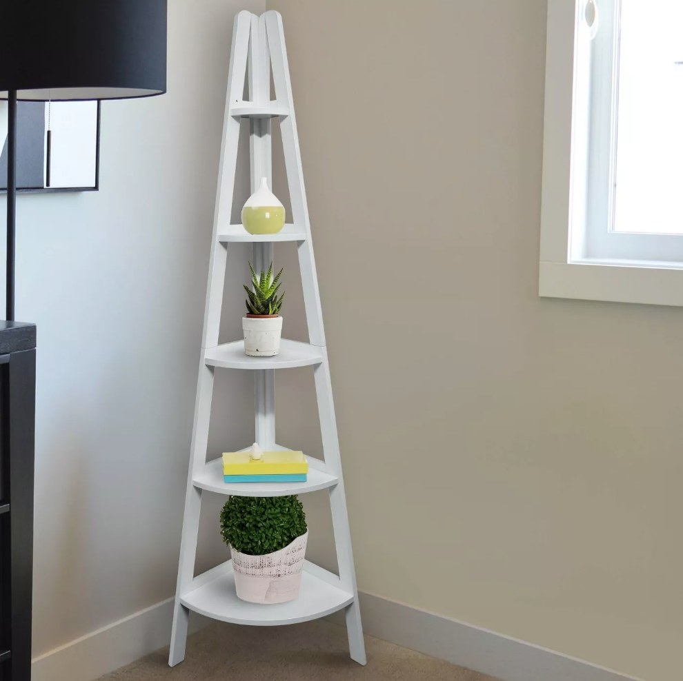 White ladder shelf with plants and vase on it