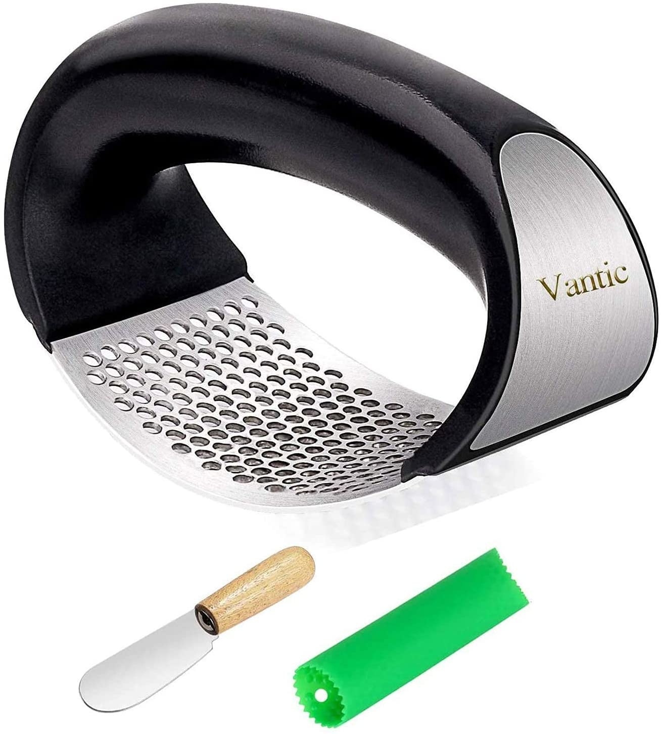 Cleaning Brush Included Silicone Tube Peeler Stainless Steel Mincer and Crusher with Garlic Rocker and Peeler Set MOKIE Garlic Press