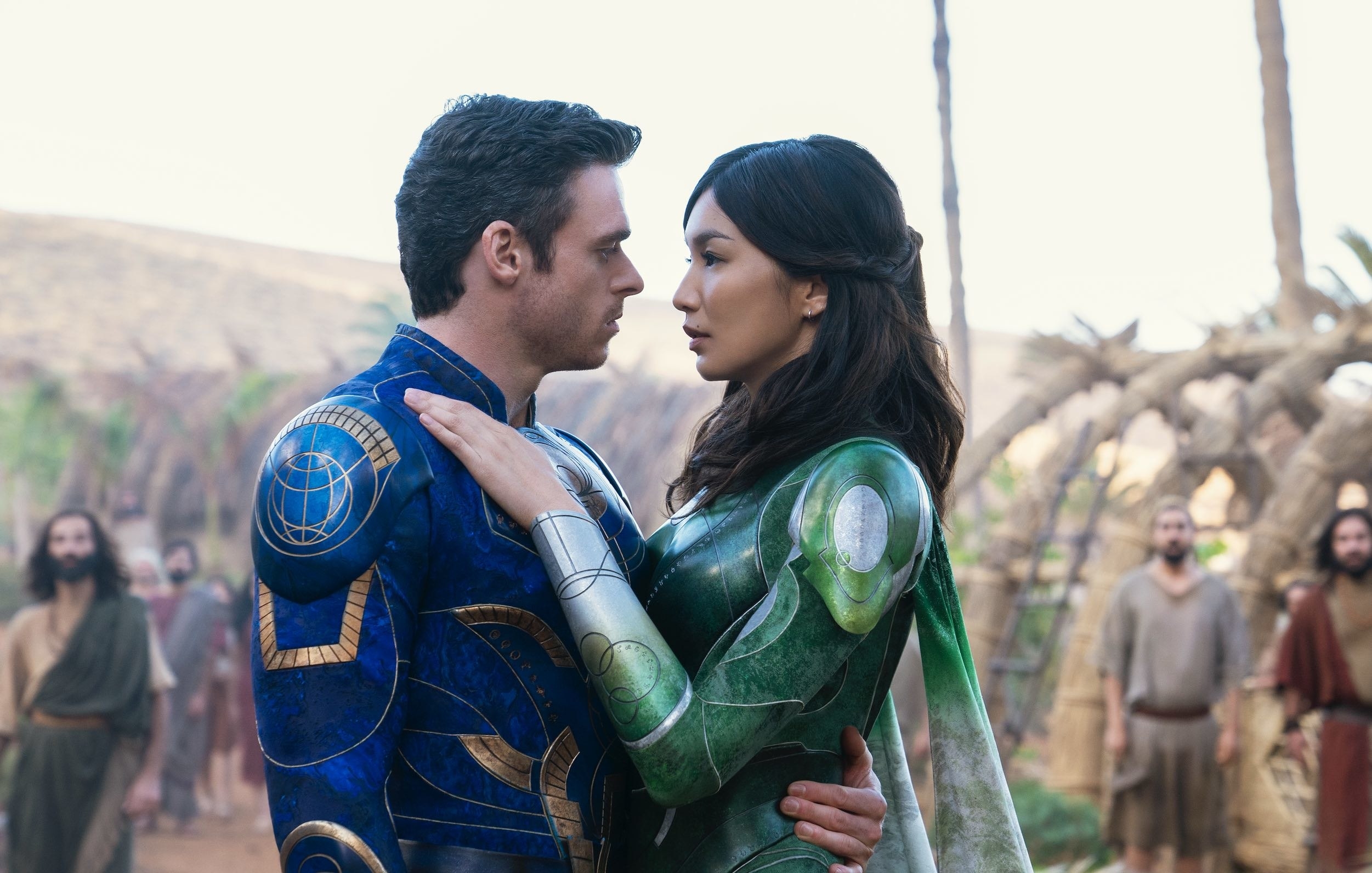 Richard Madden and Gemma Chan&#x27;s characters embracing in Eternals