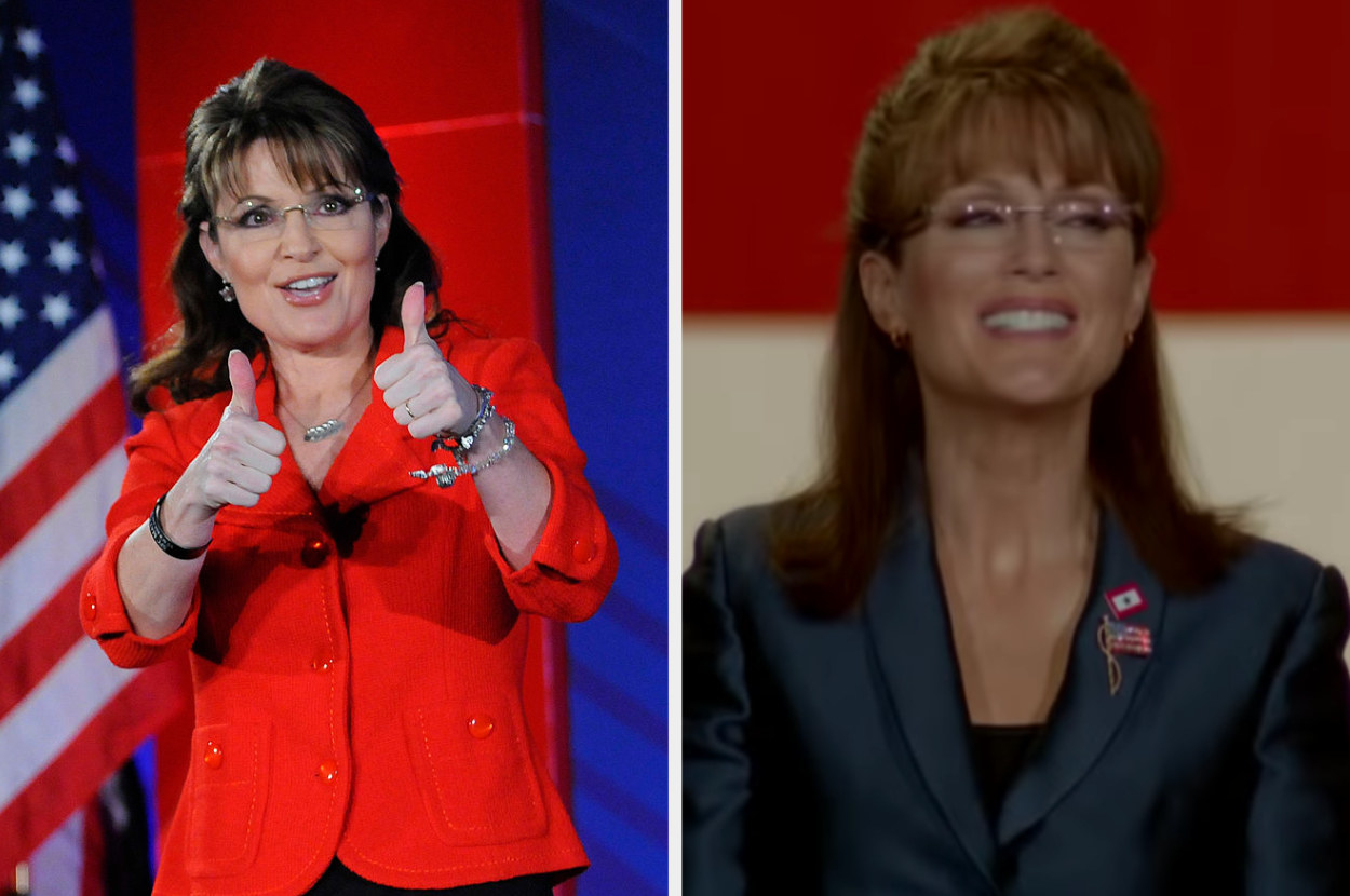 Sarah Palin giving a thumbs up alongside Julianne Moore as Palin