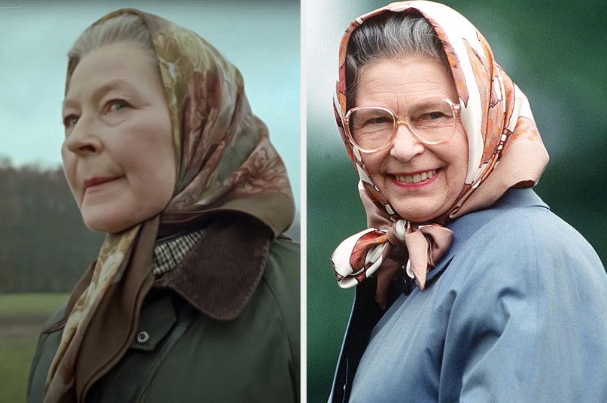 Side-by-side of Stella and the Queen in a coat and headscarf tied underneath their chins