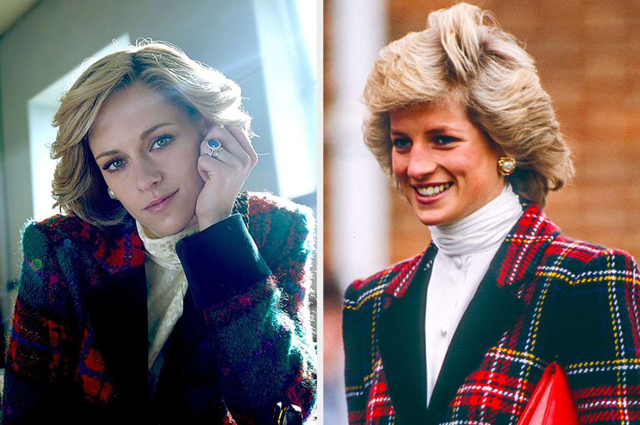 Side-by-side of Kristen and Princess Diana in a plaid coat and turtlenack