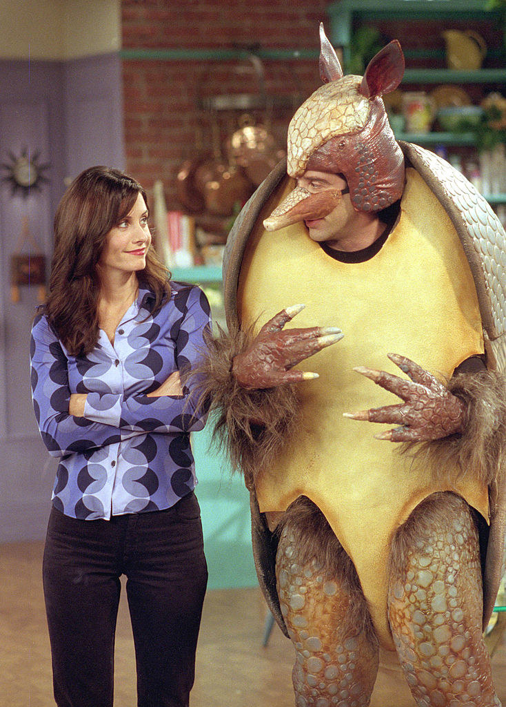 Cox and David Schwimmer in the holiday armadillo costume on friends