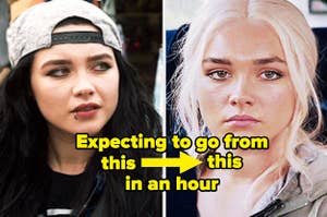 "expecting to go from this to this in an hour" with a picture of Florence Pugh in Fighting With Your Family with black hair then blonde hair