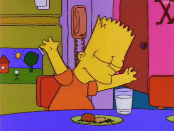 An animated Bart Simpson dances while sitting at the dining table