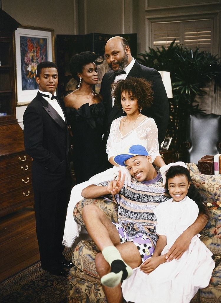 Alfonso Ribeiro as Carlton Banks, Janet Hubert as Vivian Banks, James Avery as Philip Banks, Karyn Parsons as Hilary Banks; Front: Will Smith as William &#x27;Will&#x27; Smith