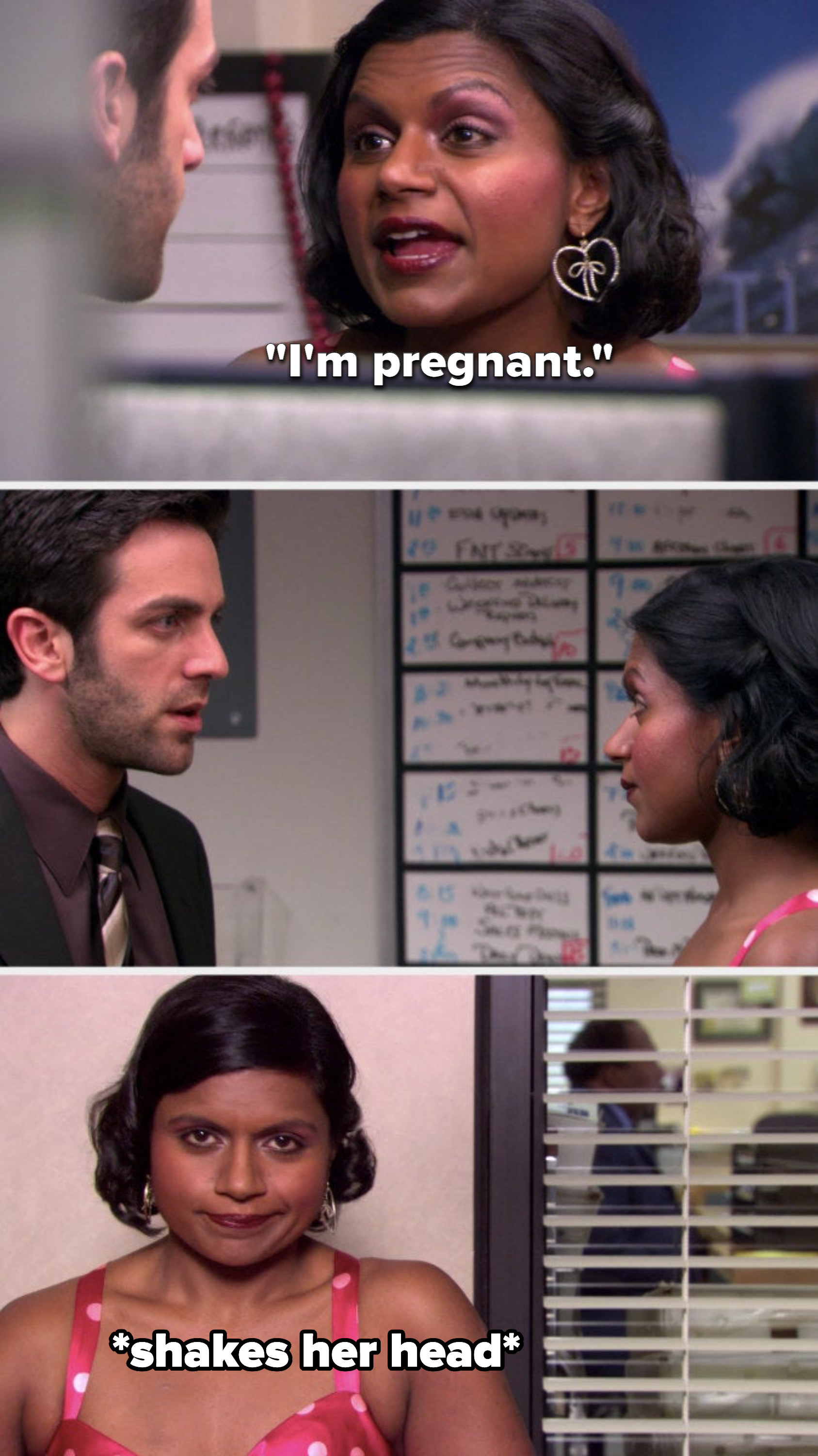 On The Office, Kelly tells Ryan she&#x27;s pregnant, then she shakes her head no in a talking head, meaning she isn&#x27;t actually pregnant