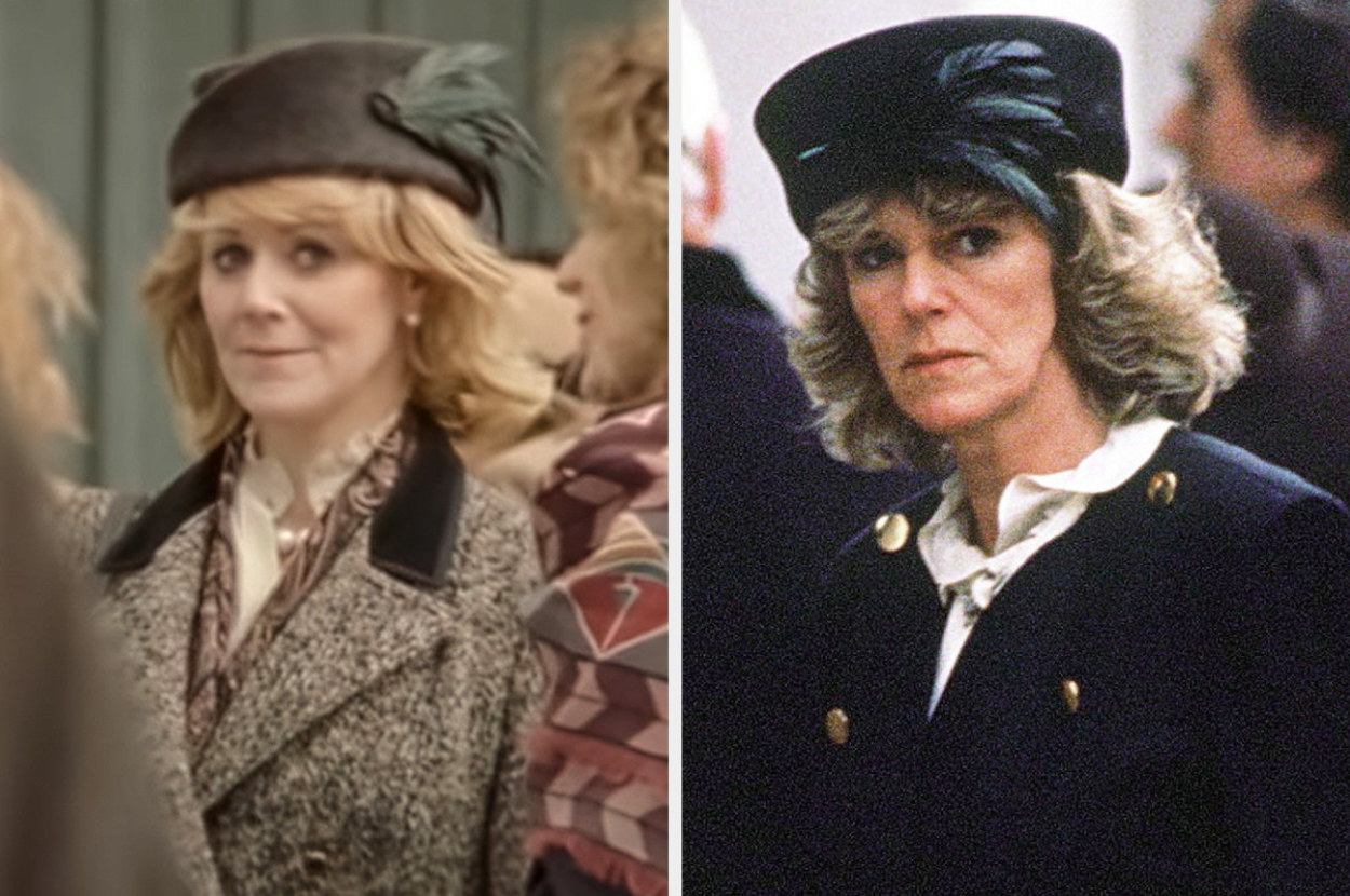 Side-by-side of of Emma and Camilla in a feathered hat looking into the distance