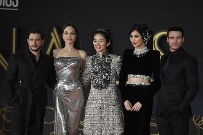 Kit Harington, Angelina Jolie, Chloé Zhao, Gemma Chan, Richard Madden at Rome Film Fest 2021.