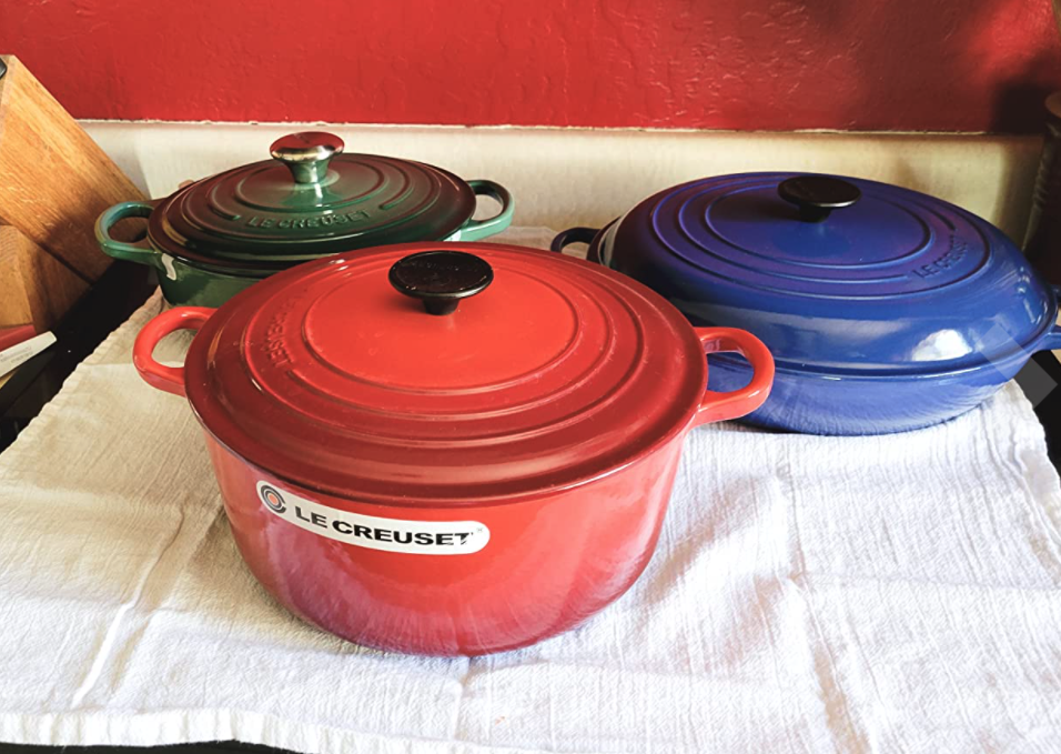 reviewer image of three Le Creuset Dutch ovens on countertop
