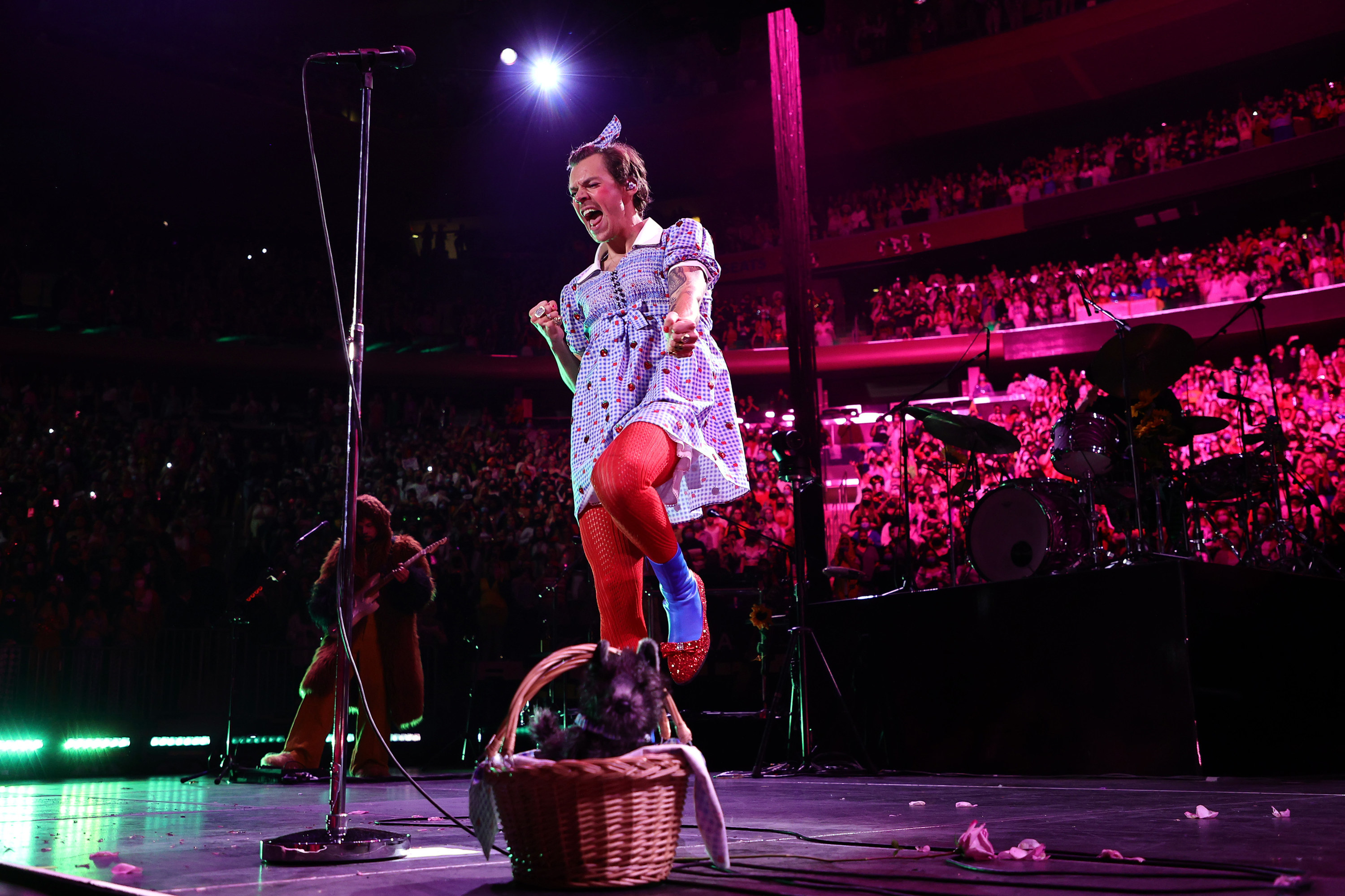 Harry performing at his concert dressed as Dorothy from the Wizard of Oz