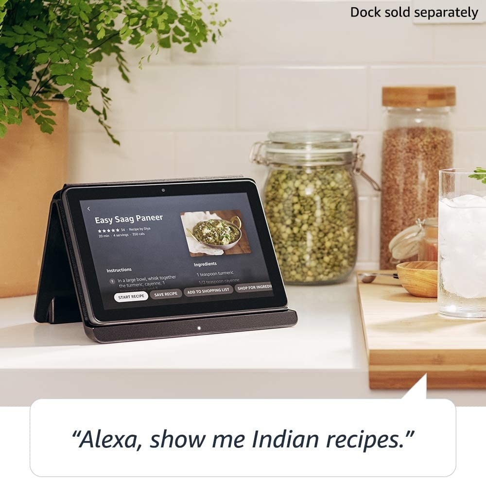 tablet set up on a kitchen counter with a recipe pulled up