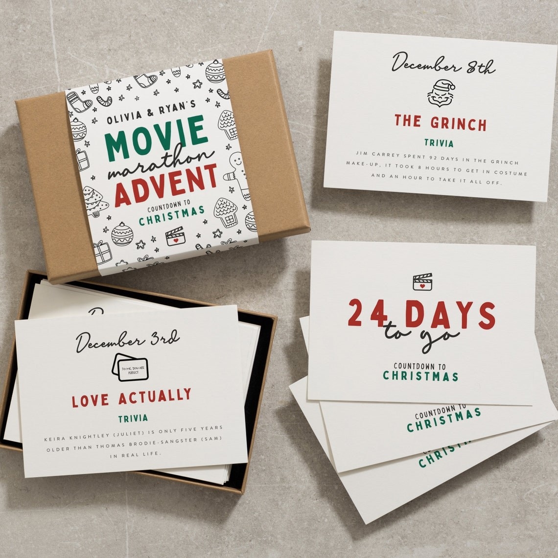 A pack of Christmas movie Advent cards, with a suggested movie and trivia on each card