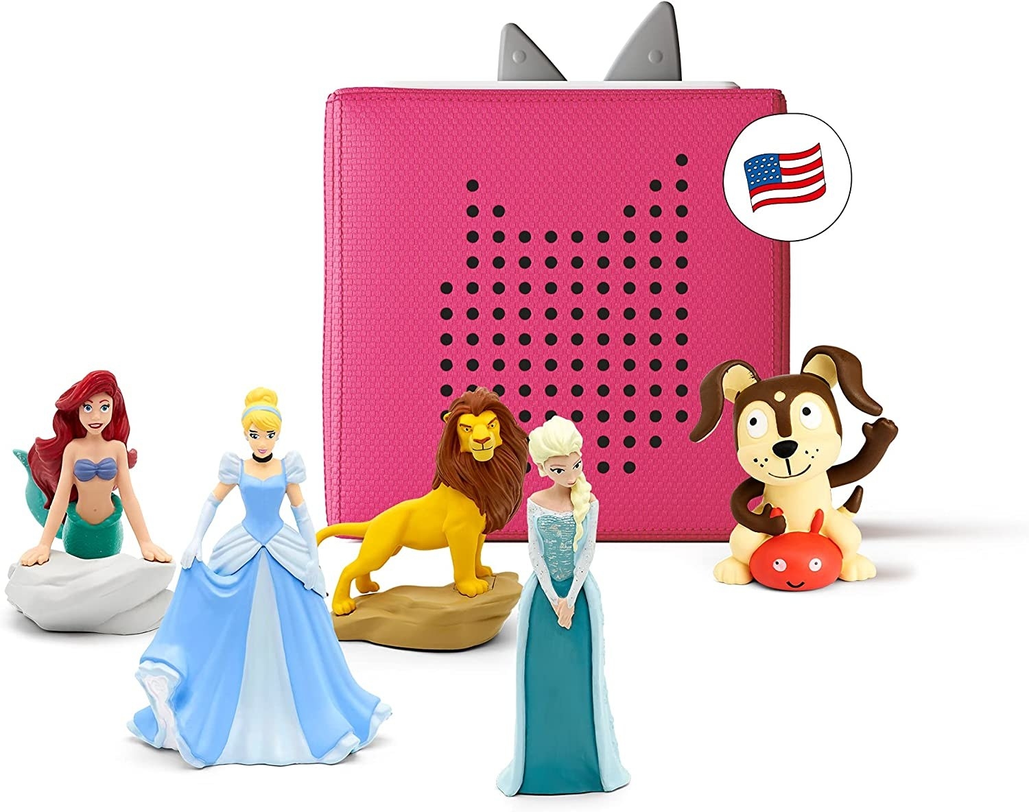 The pink speaker cube surrounded by Ariel, Cinderella, Simba, Elsa and Playtime Puppy figures.