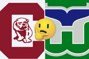 Maroon "C" logo with a bulldog and a green "W" logo with a blue fin