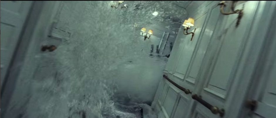 A picture of the hallway being filmed with water