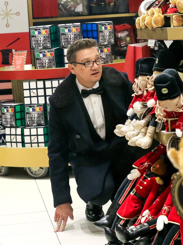 Jeremy Renner is seen at film set of the 'Hawkeye' at the Rockefeller Plaza.