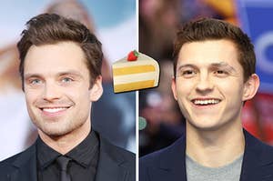 sebastian stan on the left and tom holland on the right with a cake emoji in between them