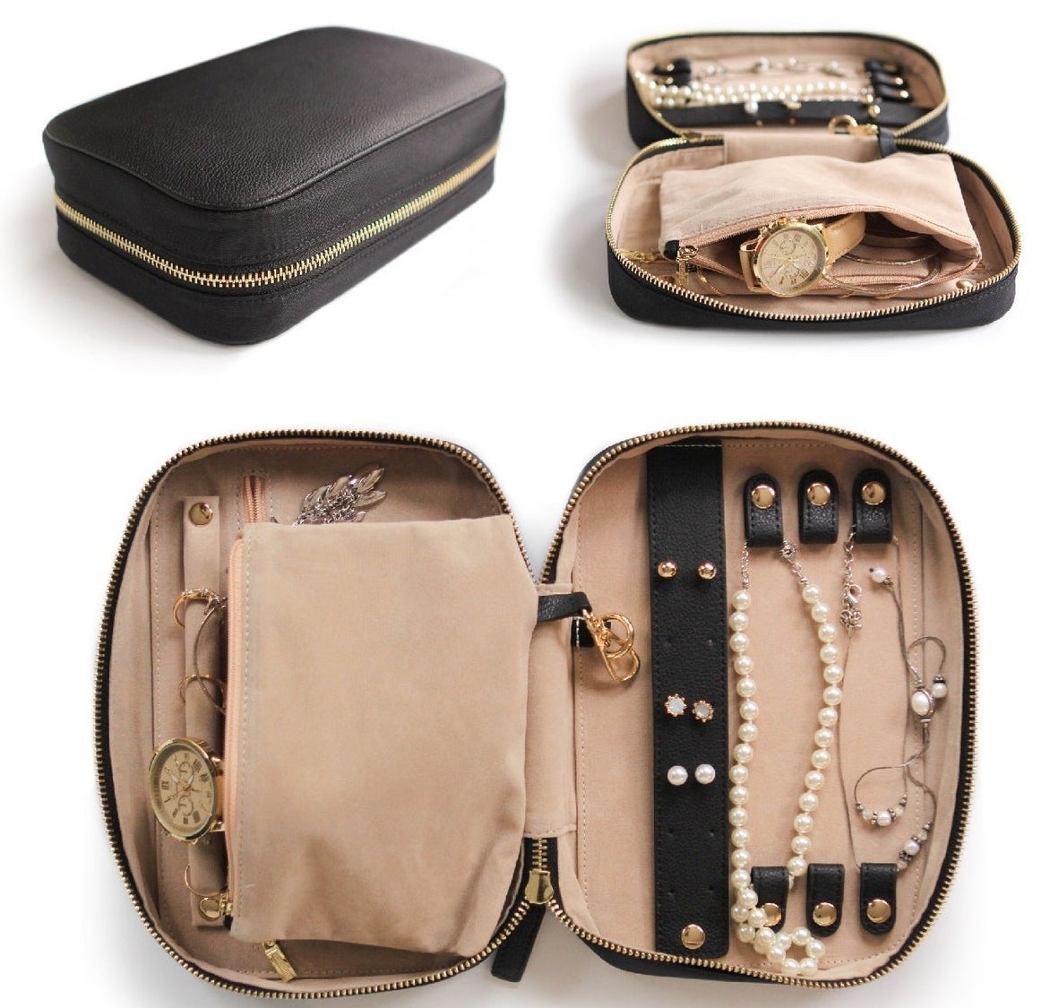Photo of the closed black jewelry case, along with two cases that are open to show the different features