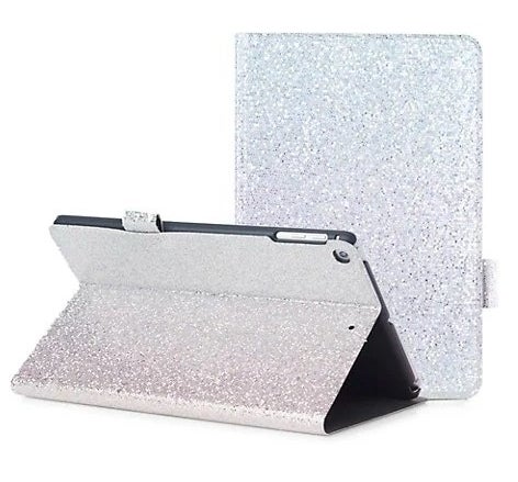 The sparkly iPad case being used to prop up an iPad, along with just the case itself