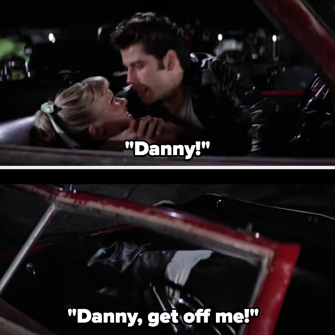 Danny pushes himself on Sandy as she yells at him to get off her