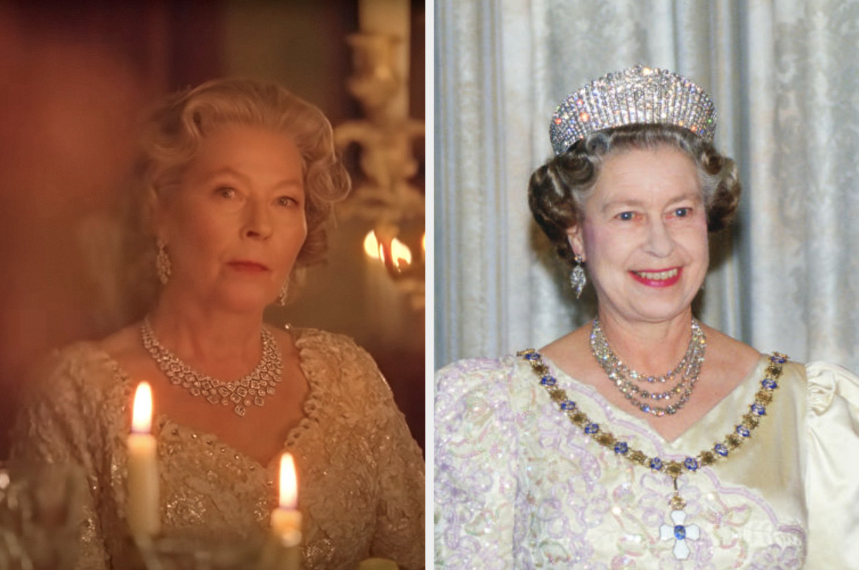 Side-by-side of Stella and the Queen in a white elegant dress, statement necklace, and curled hair