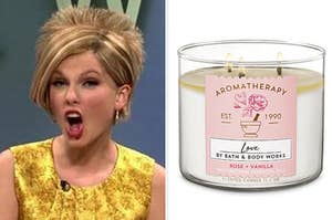 taylor swift as kate gosselin on the left and a bath and body works candle on the right