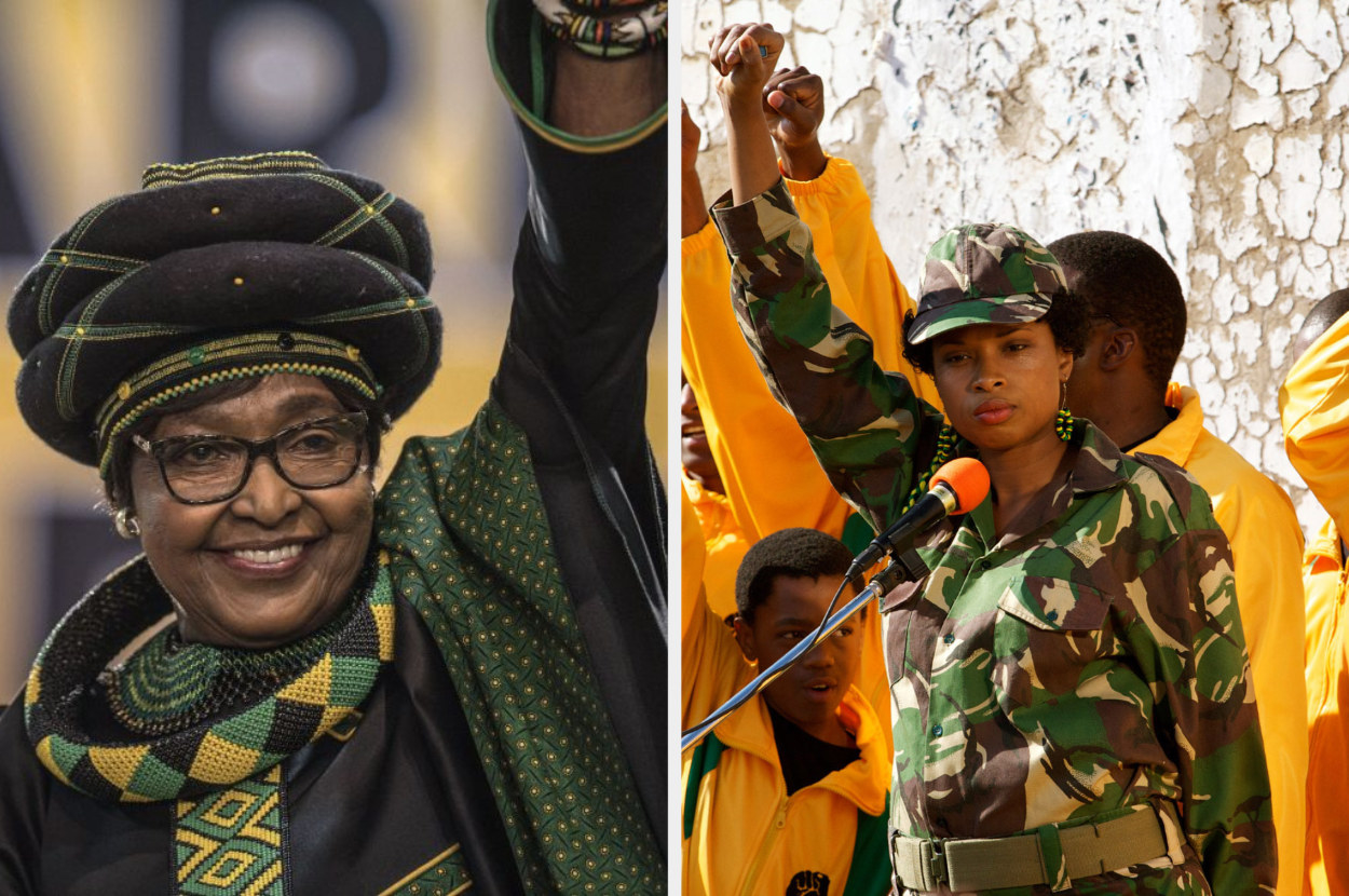 The real Winnie Madikizela-Mandela, and Jennifer Hudson as Winnie, both raising their fists in the air