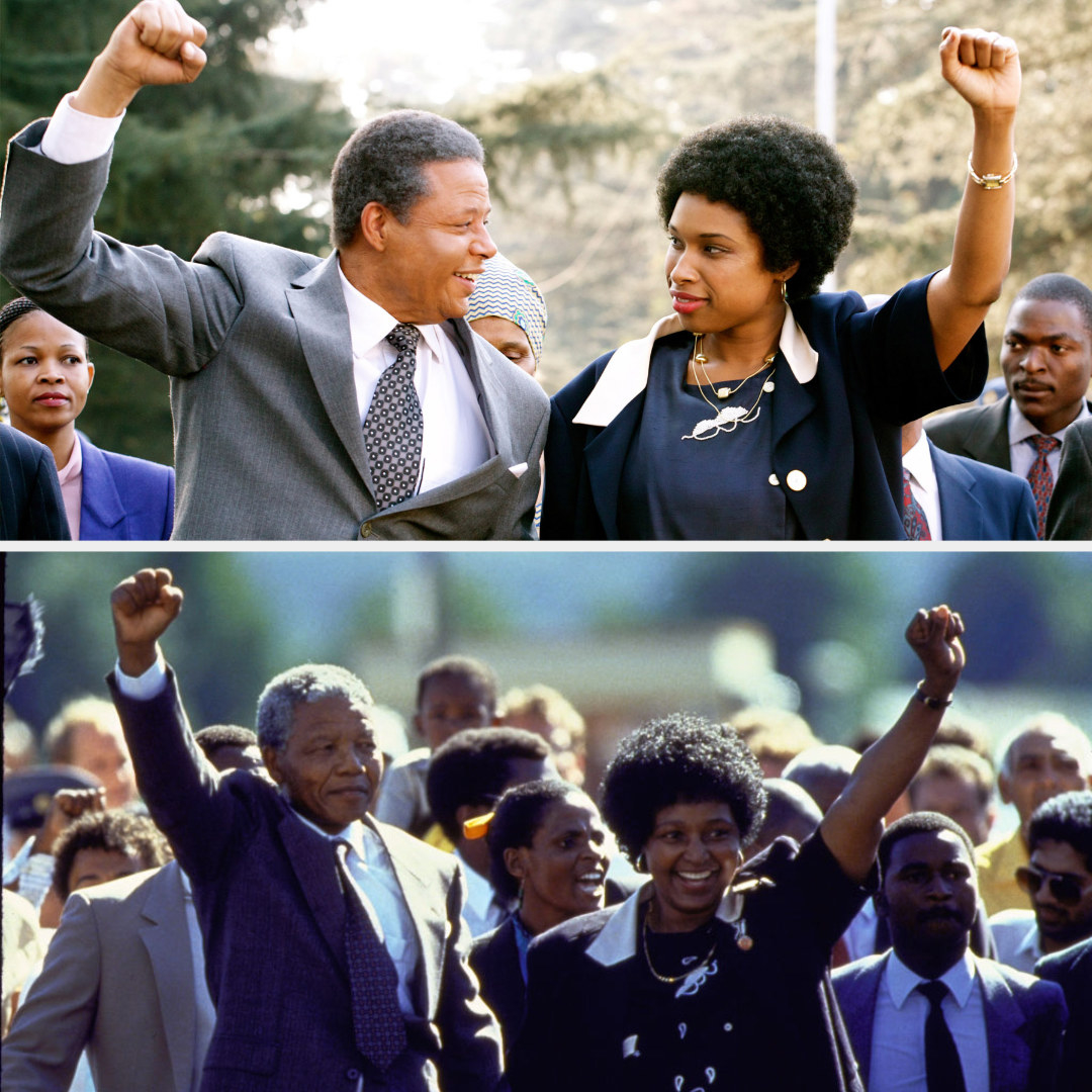 The same scene, first in the movie then in real life: Nelson and Winnie raising their fists in victory after Nelson&#x27;s release from prison