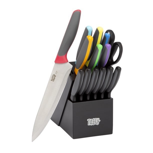 the black knife block with knives with black, orange, blue, green, yellow, red, and purple handles
