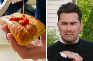 On the left, someone squirting ketchup onto a hot dog, and on the right, David from Schitt's Creek crinkling his nose in disgust