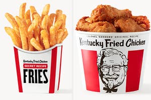 fries on the left and a bucket of chicken on the right