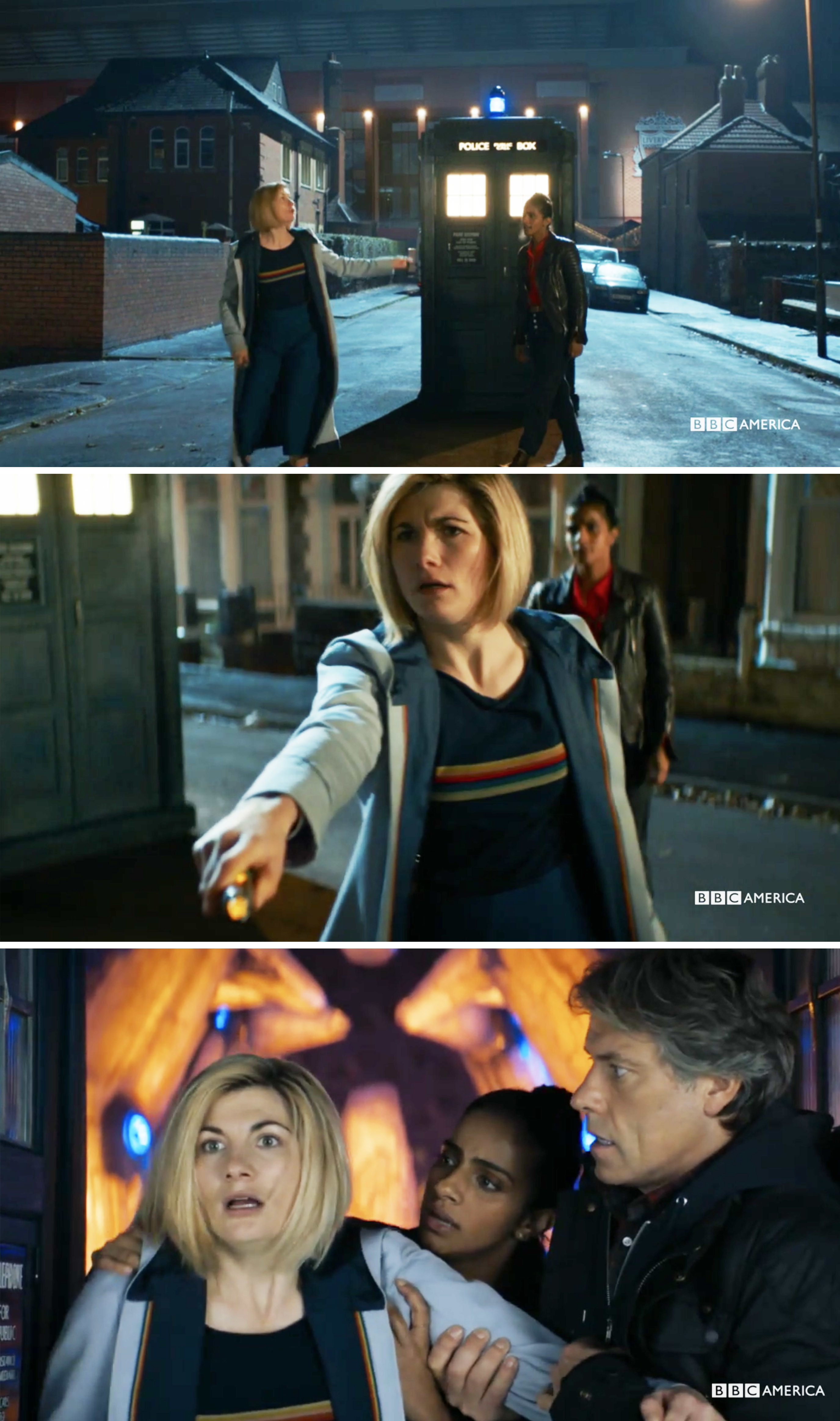 The Doctor, Yaz, and Dan inside the Tardis